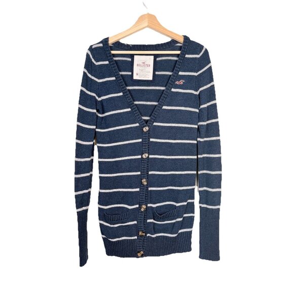 Hollister Women's Striped Y2K Cardigan Sweater M Navy Blue White Rabbit Hair - Picture 1 of 6